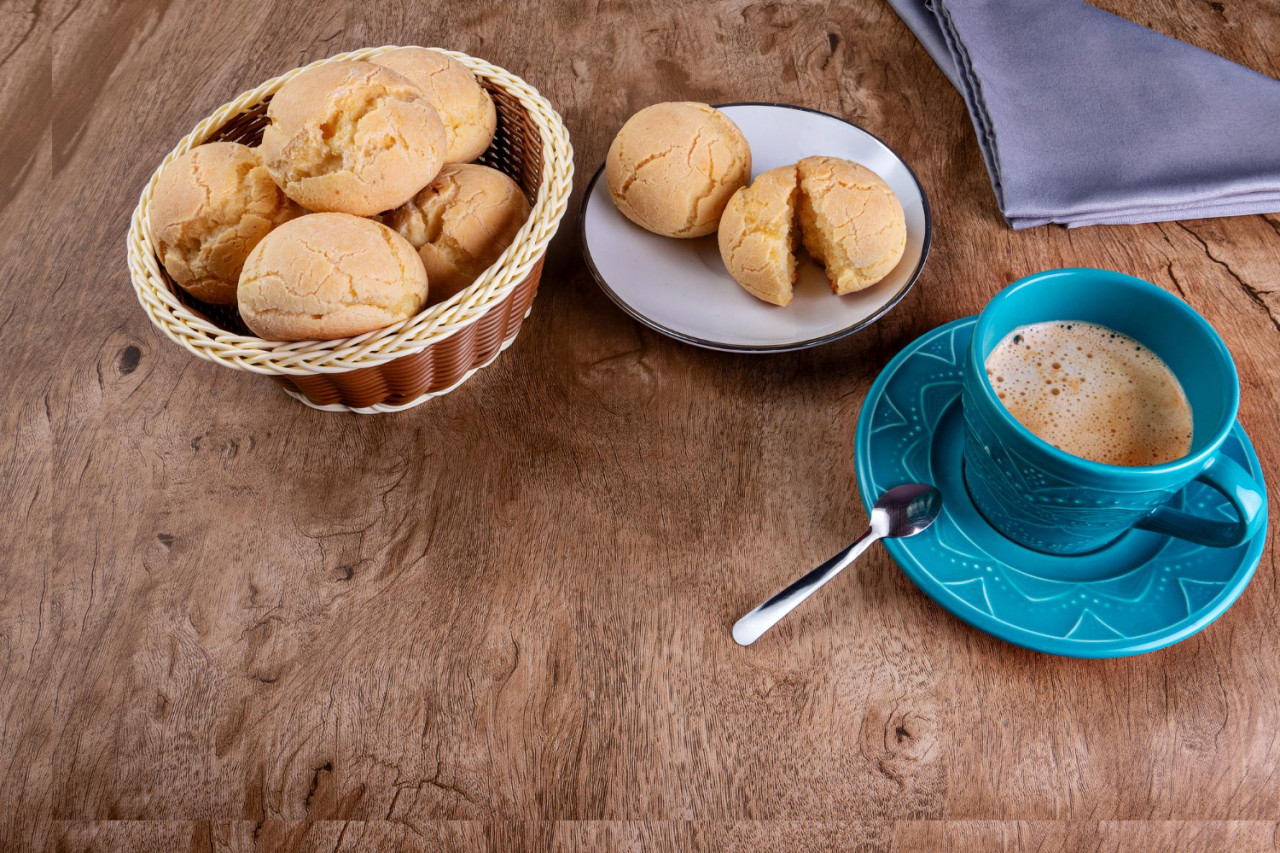 typical brazilian cheese bread basket with coffee