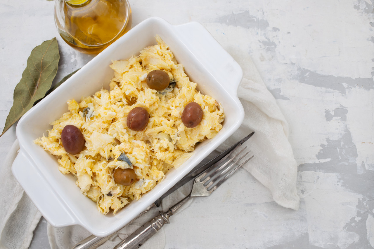 typical portuguese dish eggs with cod fish olives white dish bacalhau lisbonense