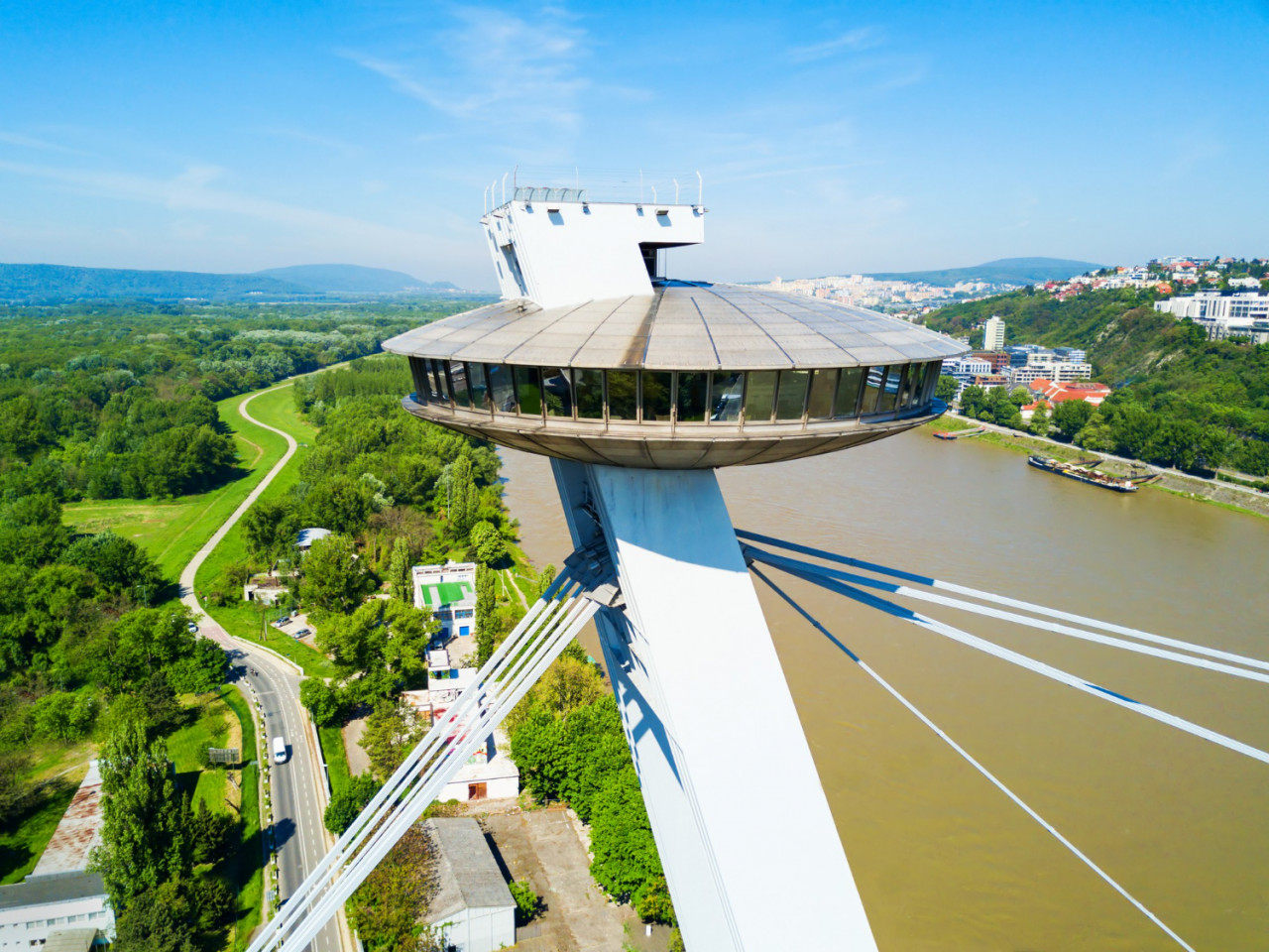 ufo viewpoint at the snp new bridge aerial panoramic view snp is a bridge through danude river in bratislava capital of slovakia