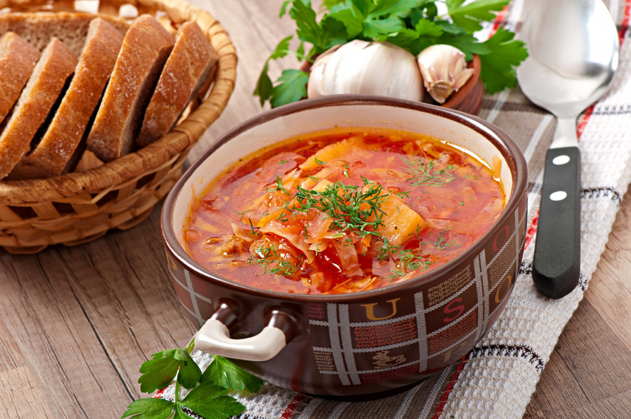 ukrainian russian national red soup borsch closeup