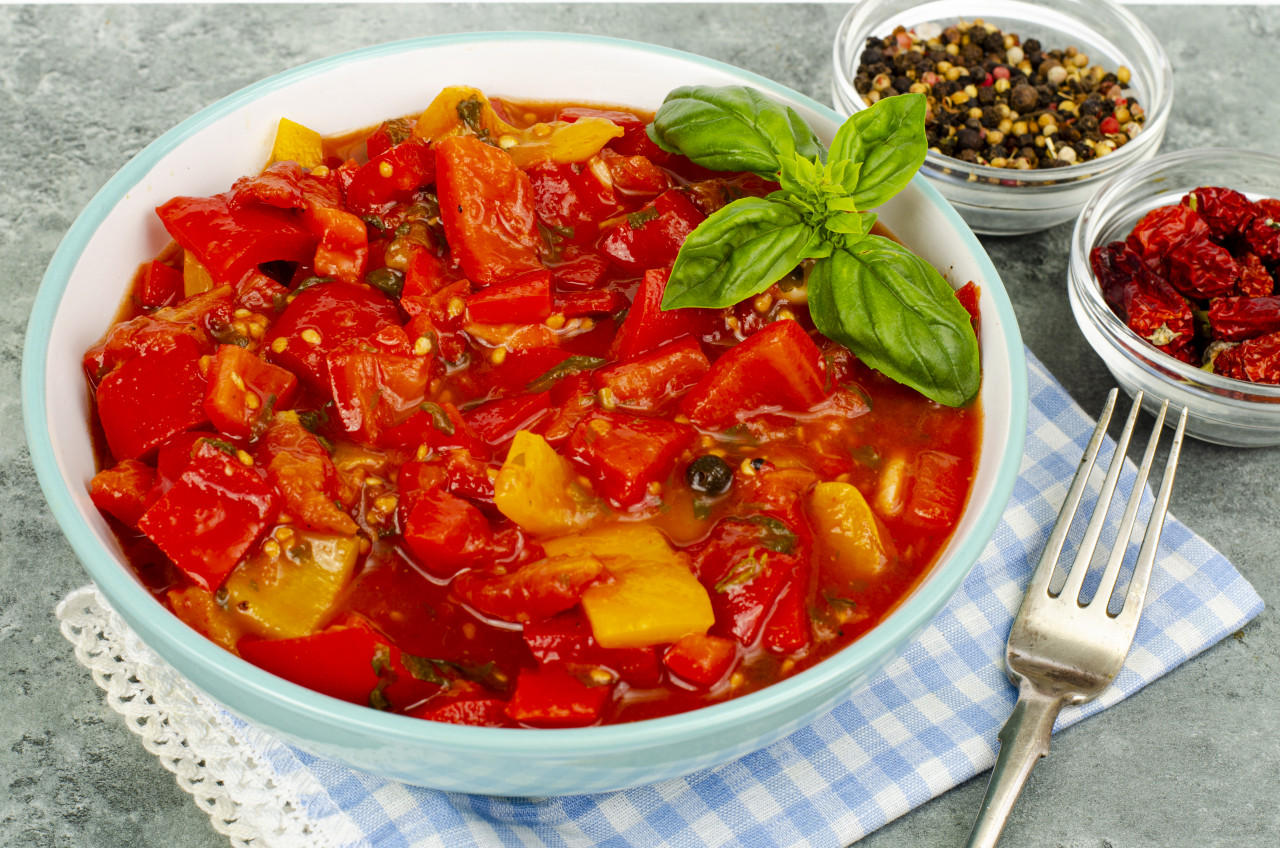 vegetable dish stewed sweet peppers tomatoes lecho vegetarian menu studio photo