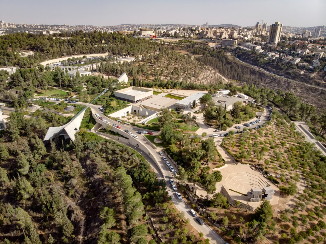 view holocaust memorial museum jerusalem top view quadcopter yad vashem hillside outskirts jerusalem