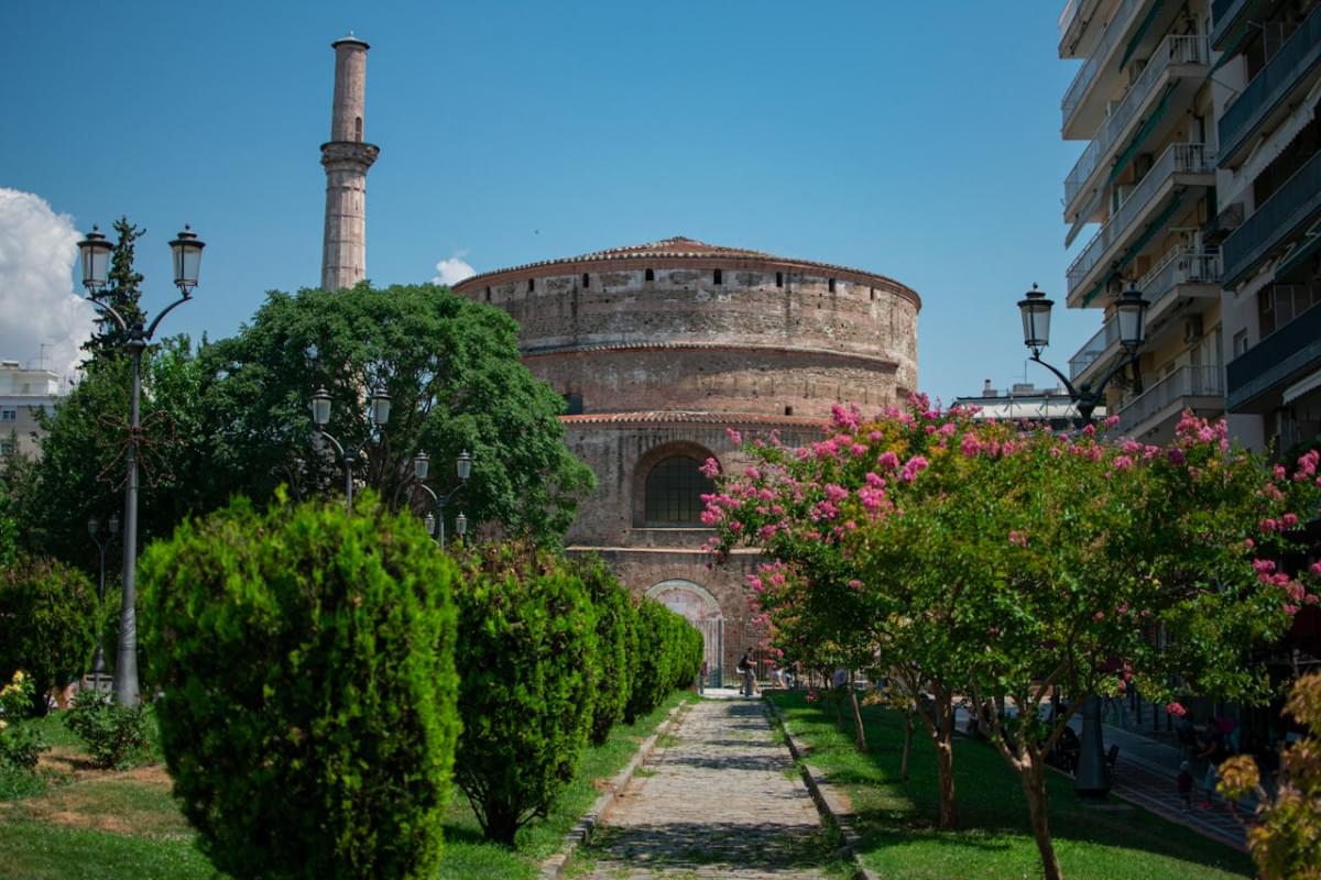 view of a garden and the rotunda in thessaloniki greece 1