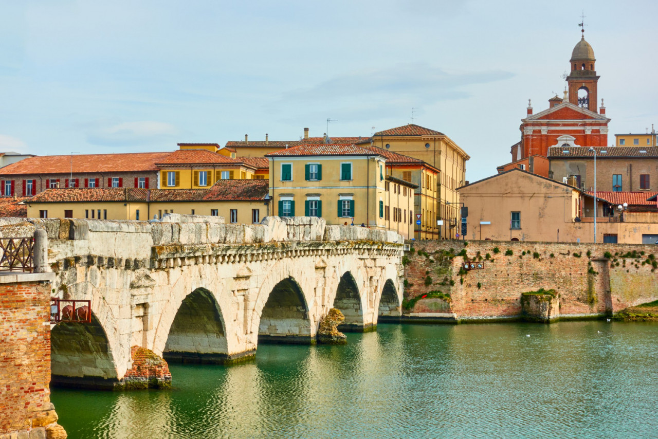 view rimini with bridge tiberius italy italian cityscape