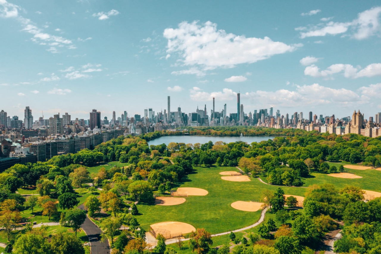 vista aerea del central park di manhattan new york city circondato da grattacieli